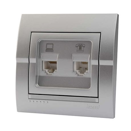 Розетка компьютерная + телефонная 2-м СП Deriy RJ45 RJ11 серебр. метал. LEZARD 702-2828-143