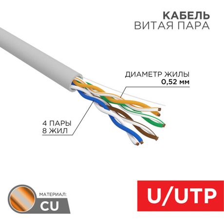 Кабель витая пара, U/UTP, CAT 5e, ZH нг(А)-HF, 4х2х0,52мм, 24AWG, INDOOR, SOLID, серый, 305м REXANT PRO | 02-0004 MEET