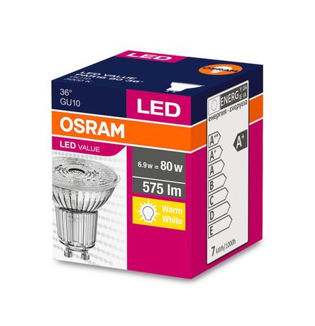 Лампа светодиодная LED 6,9W GU10 VALUE PAR16 80 (замена 80Вт),36°,теплый белый свет Osram - 4058075096646