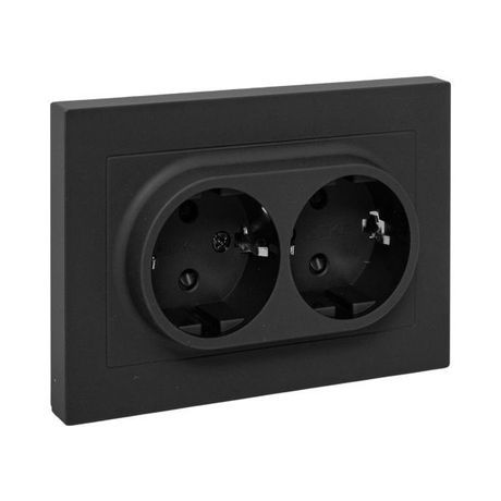Механизм розетки двойной, 16А, с заземлением, со шторками, рамкой, чёрный Эпика EKF | UP1-SOB-211