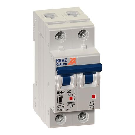 Выключатель автоматический двухполюсный 16А L 6кА AC OptiDin BM63-2L16-УХЛ3-АЭС - 285796 КЭАЗ
