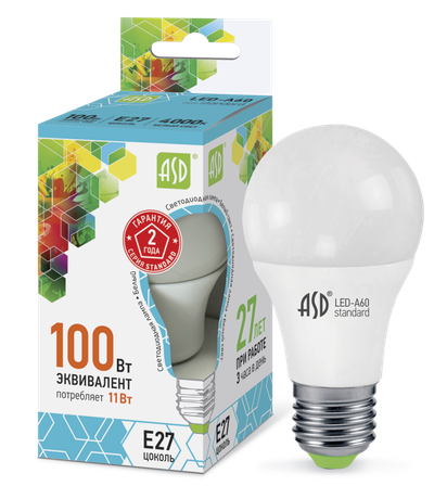 Лампа светодиодная LED-A60-standard 11Вт грушевидная 4000К нейтр. бел. E27 990лм 160-260В ASD 4690612001715