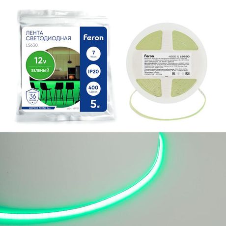 Лента светодиодная 400SMD(2110)/ 7Вт/м 12V 5000*3*1.8мм зеленый, IP20, LS630 FERON | 48951