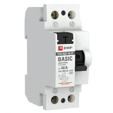 Выключатель дифференциальный (УЗО) ВД-40 2P 40А/100мА (электронное) Basic | elcb-2-40-100e-sim EKF
