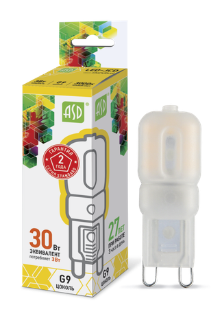 Лампа светодиодная LED-JCD-standard 3Вт капсульная 3000К тепл. бел. G9 270лм 160-260В ASD 4690612003764