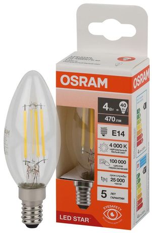Лампа светодиодная филаментная LS CLB40 4W/840 230VFILCL 4Вт 4000К нейтр. бел. E14 470лм B угол пучка 300град. 220-240В (замена 40Вт) прозр. стекло OSRAM 4058075684157