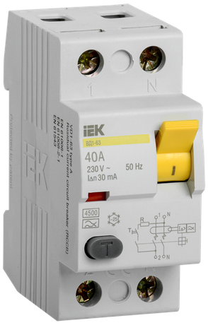Выключатель дифференциальный (УЗО) ВД1-63 2п 40А 30мА тип AC | MDV10-2-040-030 IEK