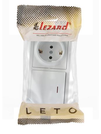 Блок ОП LETO (1-кл. выключатель с индикацией + 1-м розетка заземл.) горизонт. бел. LEZARD 752-0200-170BIP