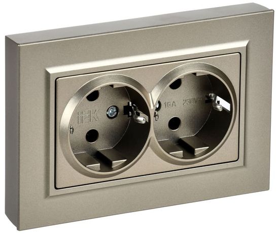 Розетка 2-м СП BRITE РСПл12-3-БрШ 16А в сборе с заземл. без защ. шторок плоская шампань IEK BR-R27-16-K37-F