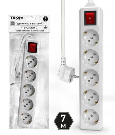 Удлинитель 5х7м с заземл. выкл. 10А 3х1.5 TOKOV LIGHT TKL-C01-BU5-7-1.5-ZV