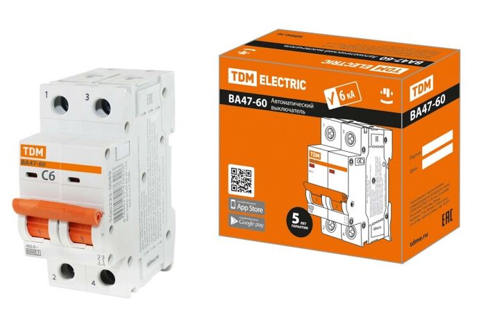 Выключатель автоматический двухполюсный ВА47-60 2Р 6А 6кА х-ка С | SQ0223-0089 TDM