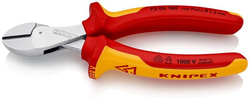Бокорезы компактные X-Cut VDE 1000V, резка - мягкая проволока 4.8мм, средней твердости 3.8мм, твердая 2.7мм, рояльная струна (HRC 59) 2.2мм, L=160мм, диэлкектрические, хромированные, двухкомпонентные рукоятки, блистер KN-7306160SB KNIPEX