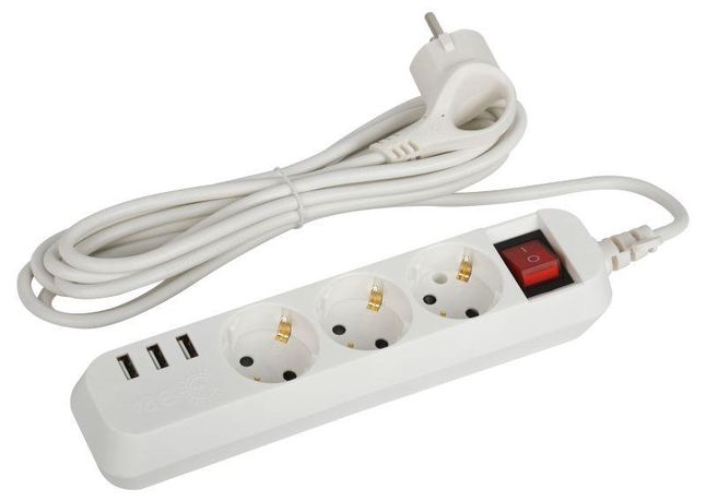 Удлинитель электрический U-3es-3m-USB c заземлением с выключателем 3 розетки + 3xUSBA 3м 10А | Б0052901 ЭРА