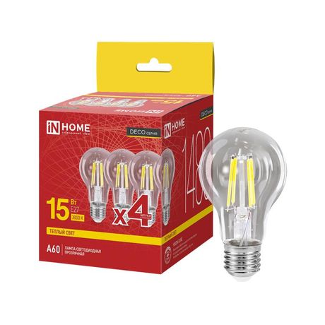 Лампа светодиодная LED-A60-deco 4PACK 15Вт 230В Е27 3000К 1480Лм (4шт./упак) прозрачная IN HOME - 4690612063201 IN HOME арт. 4690612063201