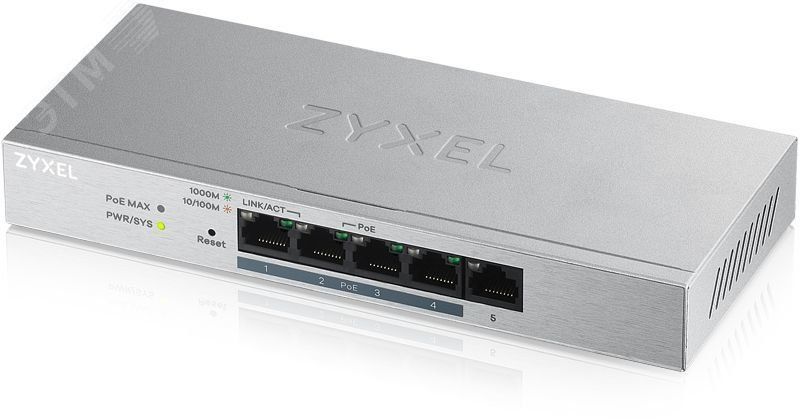 Коммутатор управляемый L2 PoE+ 5 портов GE RJ-45 10/100/1000 Мб/с 4xPoE+, 60 Вт - 124558 Zyxel