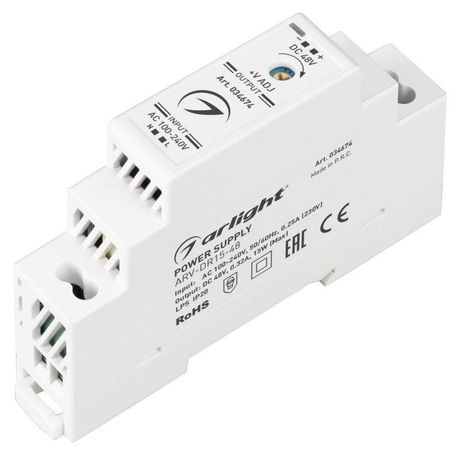 Блок питания ARV-DR15-48 (48V, 0.32A, 15W) (Arlight, IP20 DIN-рейка) | 034674 Arlight
