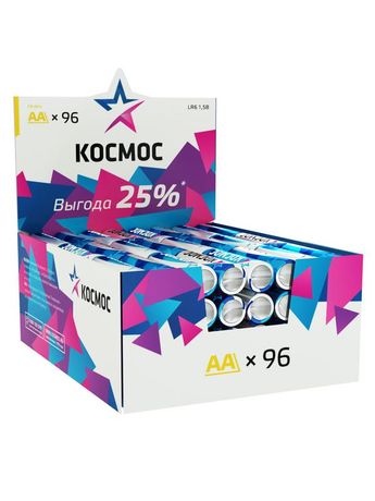 Батарейка LR6 AA, Alkaline 1.5В, 96 шт/уп, - KOCLR6_96BOX Космос