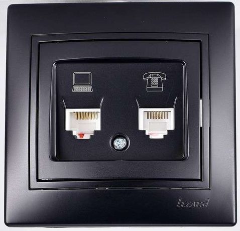 Розетка компьютерная + телефонная 2-м Mira RJ45 RJ11 со вставкой черн. бархат LEZARD 701-4242-143