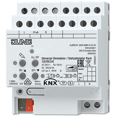 Универсальный LED диммер / регулятор оборотов, 1 группа, монтаж на DIN-рейку, 4 модуля; KNX | 3901REGHE Jung