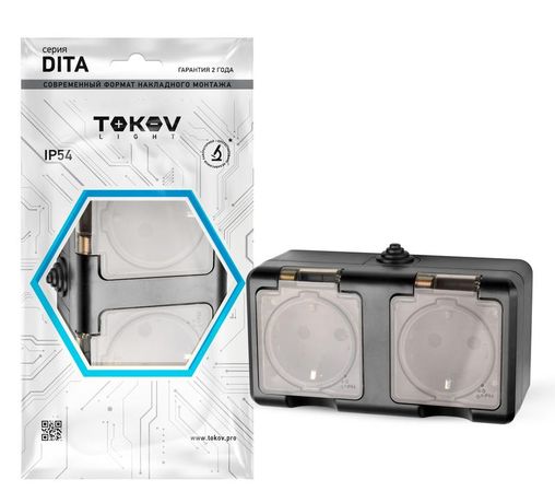 Розетка 2-м ОП Dita 16А IP54 250В с заземл. прозр. крышкой карбонTOKOV ELECTRIC TKL-DT-R2Z-C14T-IP54