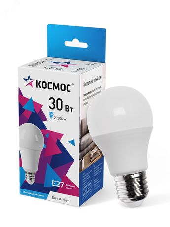 Лампа светодиодная LED 30Вт 220В Е27 D70х136 4500К белый A70 - LkecLED30wA70E2745 Космос
