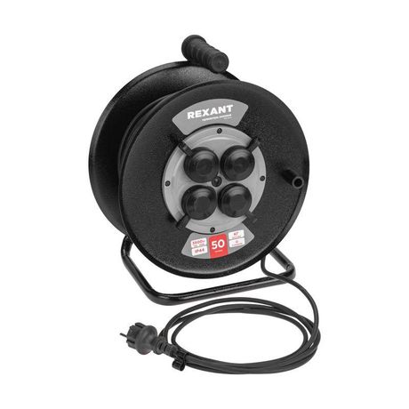 Удлинитель силовой КГ на катушке 4 гнезда, с/з, 50м, 3х1,5мм², IP44 c защитными крышками, металлическая катушка | 13-5013 REXANT MEET