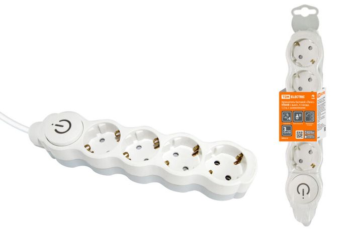 Удлинитель бытовой "Люкс" УЛ04В выкл, 4 гнезда, 1,5м, с/з, с з/ш, ПВС 3х1мм2 16А/250В бело-серый | SQ1303-0133 TDM