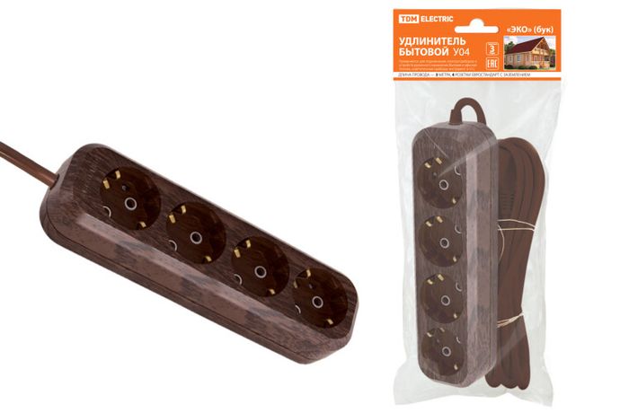 Удлинитель бытовой У04 4 гнезда, 3метра,2П+3, ПВС 3х1мм2 "Эко" (бук) 16А/250В | SQ1303-3011 TDM