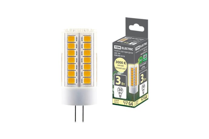 Лампа светодиодная G4-3 Вт-230 В-3000 К, SMD, 16x43 мм | SQ0340-0210 TDM