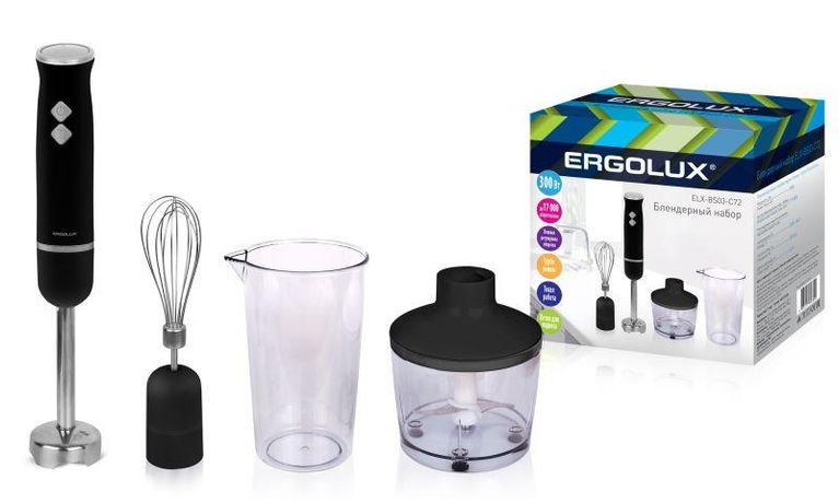 Блендер ELX-BS03-C72 в наборе: измельчитель; мерн. стакан; венчик; 300Вт 220-240В серебр./черн. Ergolux 14726