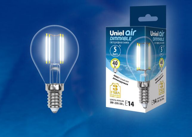 Лампа светодиодная LED-G45-5W/NW/E14 /CL/DIM GLA01TR Air 5Вт шар прозрачная 4000К нейтр. бел. диммир. упак. картон Uniel UL-00002870