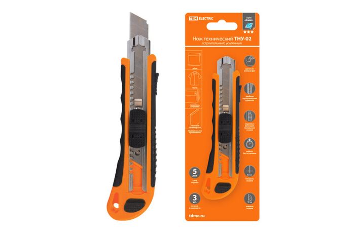 Нож технический (строительный) усиленный, ТНУ-02, 18 мм, 3 сегментированных лезвия, автосмена, серия | SQ1033-0102 TDM