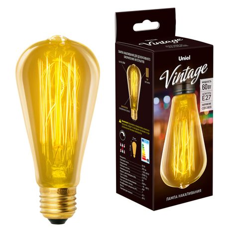 Лампа накаливания декоративная ЛОН 60 вт 300 Лм E27 Vintage IL-V-ST64-60/GOLDEN/E27 VW02 Uniel - UL-00000482