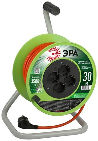 Удлинитель силовой RP-4e-3x1.5-30m на пластиковой катушке c заземлением 4 розетки 30м ПВС 3х1,5мм2 | Б0056102 ЭРА