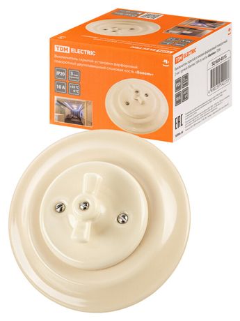 Выключатель скрытой установки фарфоровый поворотный 2-кл. с ручкой (бантик) 10А сл. кость «Болонь» T | SQ1820-0315 TDM