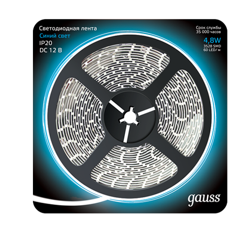 Лента светодиодная LED 2835/60-SMD 4,8 Вт/м 210 Лм/м синий IP20 12 В DC 8 мм (блистер 5 м) Black Gauss - 312000505