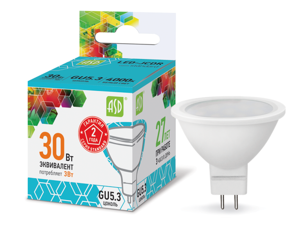 Лампа светодиодная LED-JCDR-standard 3Вт 4000К нейтр. бел. GU5.3 270лм 160-260В ASD 4690612001418