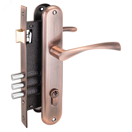 Замок врезной цилиндровый с ручками для деревянных дверей, АЛЛЮР 0203 AC старая медь - 1015 ПТК