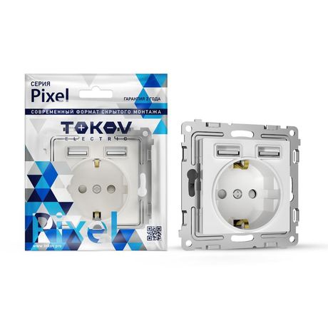 Розетка 1-м СП Pixel IP20 с заземл. 2-мя заряд. устр. USB тип A+A механизм бел. TOKOV ELECTRIC TKE-PX-R1U2A-C01