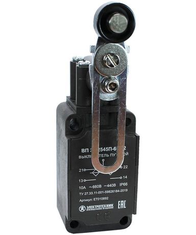 Выключатель путевой ВП 36-2545П-66 У2, рычаг с пластиковым роликом, регулируемый по длине, 1з+1р, инерционный, 30х60 мм, без сальника, 3А, IP66 - ET010892 Электротехник