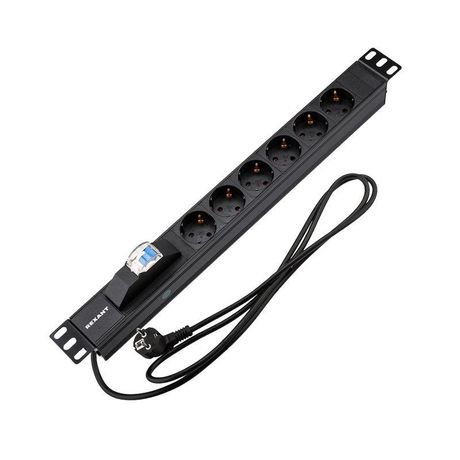 Блок распределения питания для 19дюйм шкафов; горизонт.; 6 розеток СЕЕ 7/4; 16А; автомат защиты; вилка 7/7; шнур 2м; корпус алюм. Rexant 04-0103-1 MEET