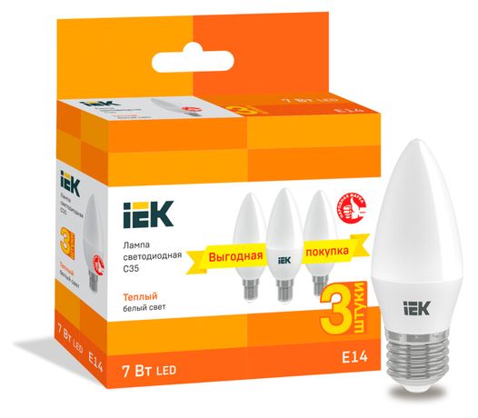Лампа светодиодная LED C35 свеча 7Вт 230В 3000К E14 (3шт/упак) | LLE-C35-07-230-30-E14-3 IEK