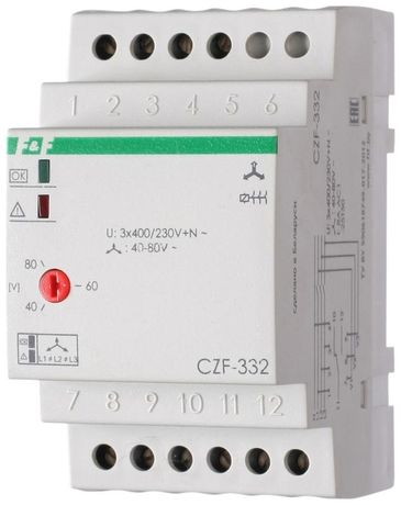 Реле контроля наличия фаз CZF-332 (монтаж на DIN-рейке 35мм; регулировка порога отключения; 3х400/230+N 8А 1P IP20) F&F EA04.003.004 Евроавтоматика