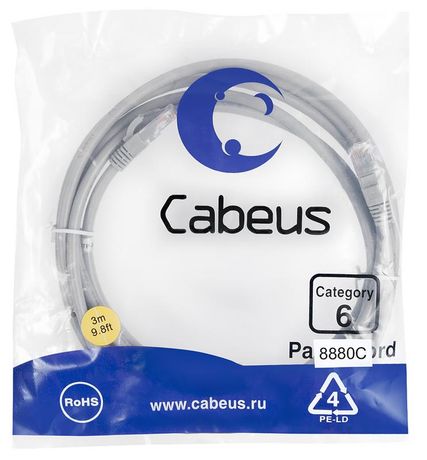 Патч-корд PC-UTP-RJ45-Cat.6-3m-LSZH U/UTP, категория 6, 2xRJ45/8p8c, неэкранированный, серый, LSZH, 3м - 8880c Cabeus