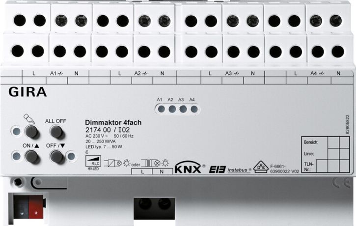 Светорегулятор универсальный 4-канальный 20-250 ВА DIN-рейка | 217400 GIRA KNX