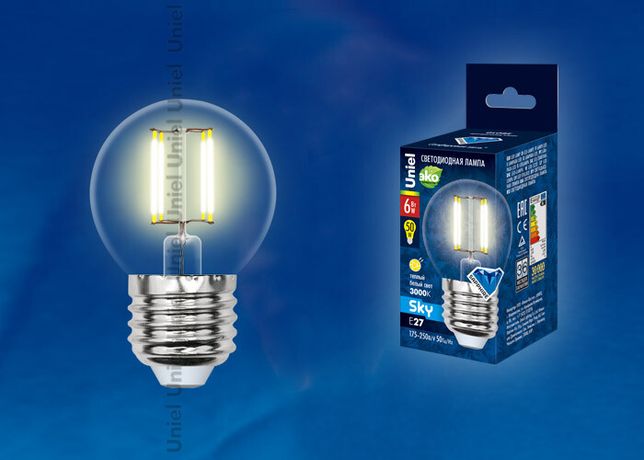 Лампа светодиодная LED-G45-6W/WW/E27/CL PLS02WH LED. "шар", прозр.3000К Серия Sky | UL-00000196 Uniel