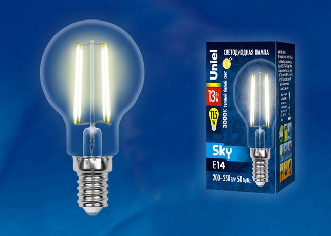 Лампа светодиодная LED-G45-13W/3000K/E14/CL PLS02WH LED. "шар", прозр. 3000К Серия Sky | UL-00005905 Uniel