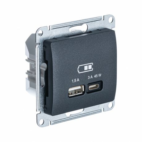 Розетка USB Glossa тип A+C 45Вт QC PD высокоскор. ЗУ механизм антрацит SE GSL000729 APC