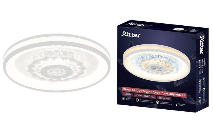 Люстра светодиодная CRYSTAL 3D 120Вт 480х480х60мм 40кв.м потолочная ДУ 3 режима диммир. бел. Ritter 52368 0 REV