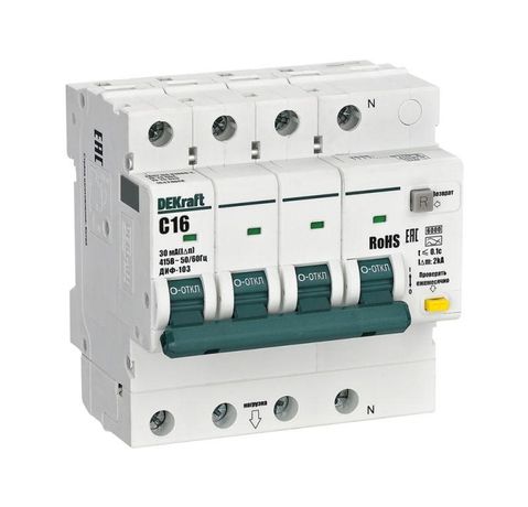 Выключатель автоматический дифференциального тока АВДТ 3P+N 16А 30мА A х-ка C ДИФ-103 6кА | 16428DEK DEKraft APC